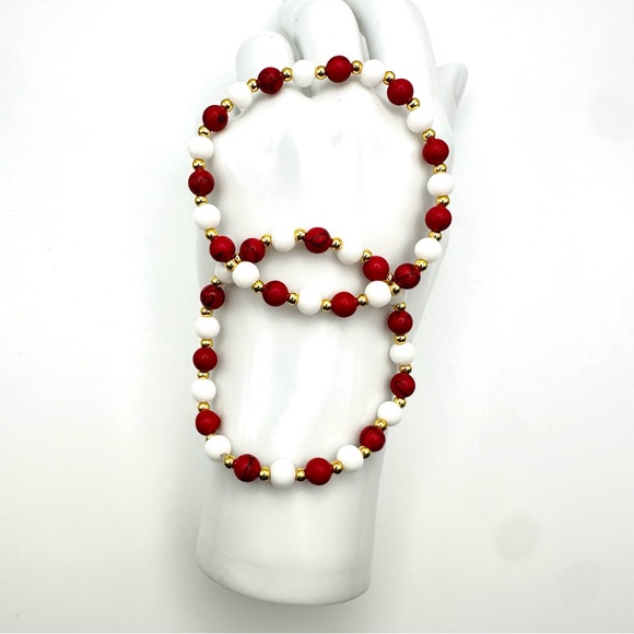 Red and White Christmas Bracelets on Stretch String | Set of 2 - Picture 4 of 7